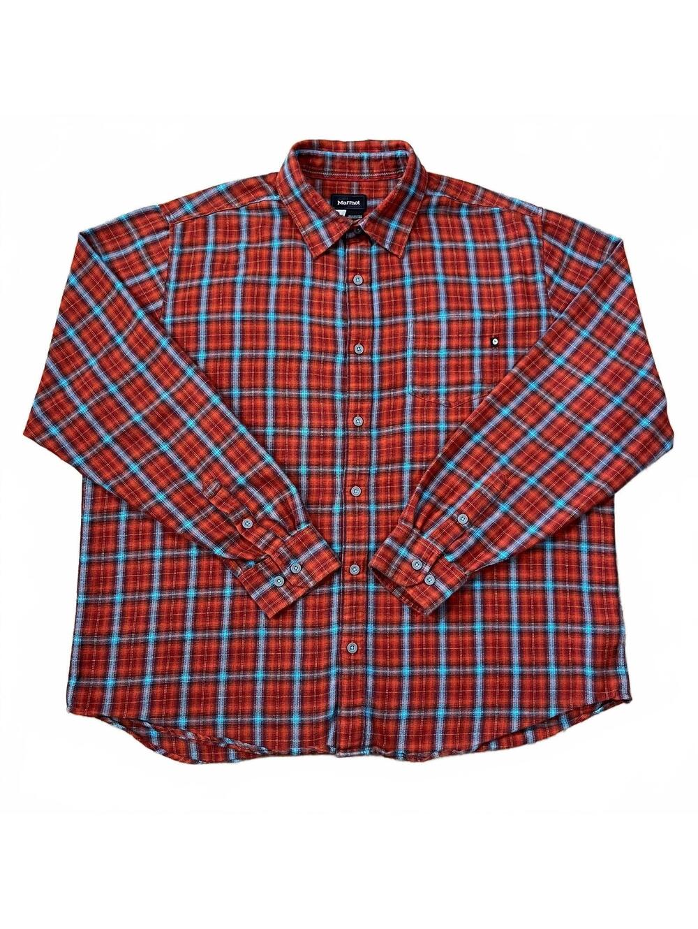 Marmot Mens Tech Flannel Shirt Orange Blue Plaid Size 2XL